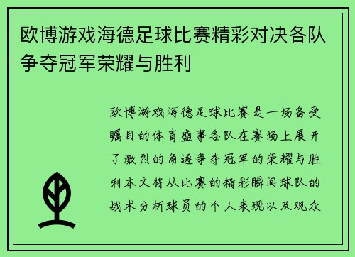 欧博游戏海德足球比赛精彩对决各队争夺冠军荣耀与胜利