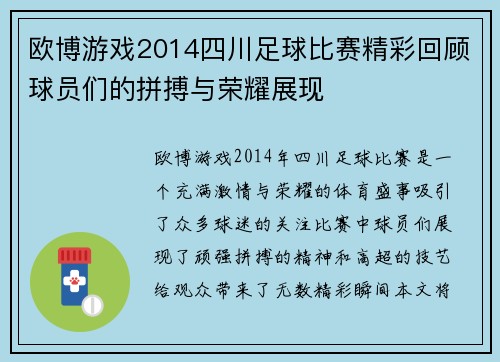 欧博游戏2014四川足球比赛精彩回顾球员们的拼搏与荣耀展现