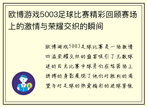 欧博游戏5003足球比赛精彩回顾赛场上的激情与荣耀交织的瞬间