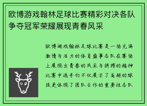 欧博游戏翰林足球比赛精彩对决各队争夺冠军荣耀展现青春风采